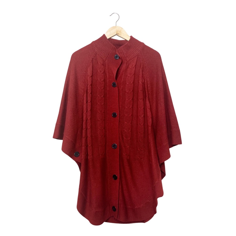 Argee Womens Red Cable Knit Button Front Poncho Sweater Mock Neck L/XL